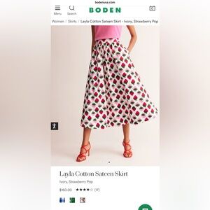 Boden White and Red Strawberry Midi Skirt